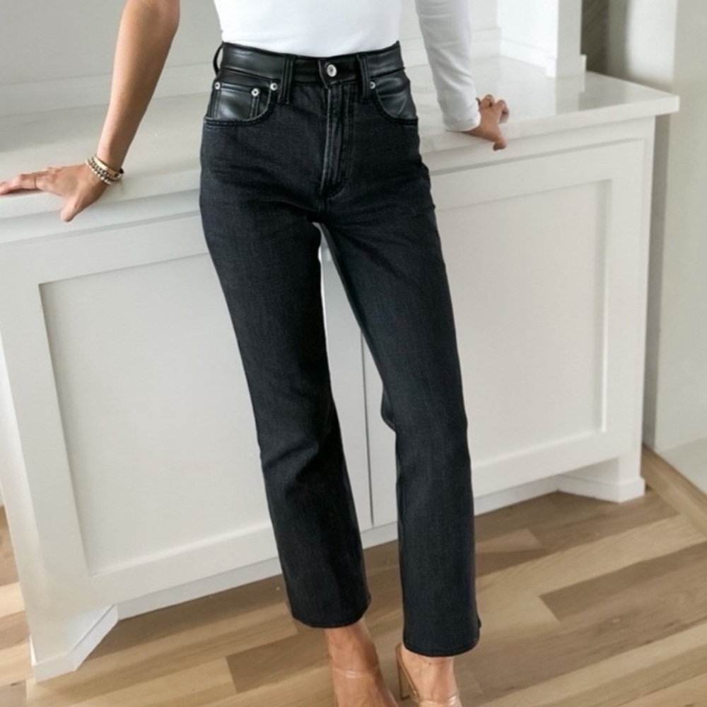 Abercrombie & Fitch Black Ankle High Rise Leather and Denim Jean